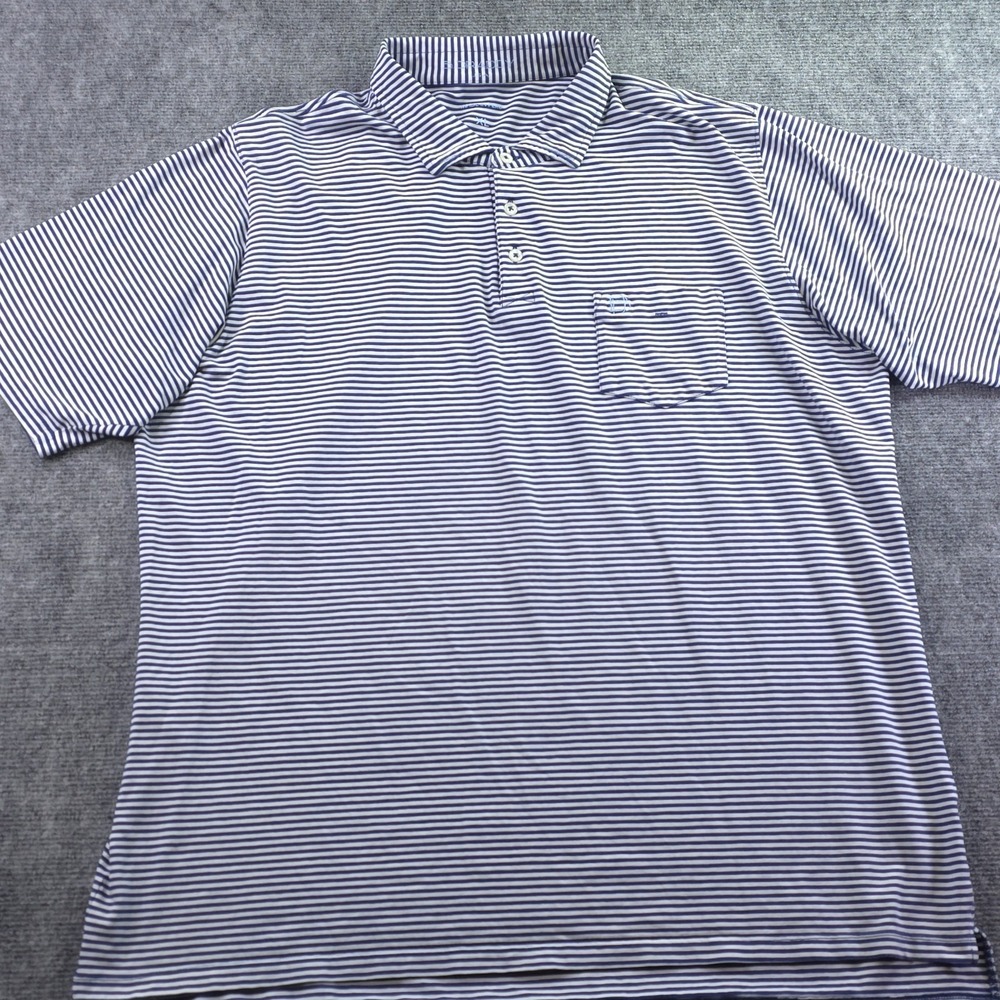 B‎ Draddy Polo XL Blue Striped Short Sleeve Pocket Logo Cotton Stretch Golf